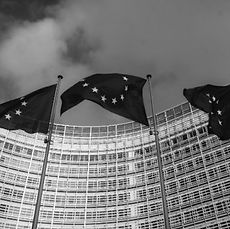 Trois drapeaux devant un immeuble de l'Union Européenne
