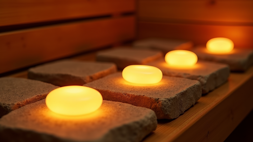 Close-up view of sauna heater stones glowing with heat
