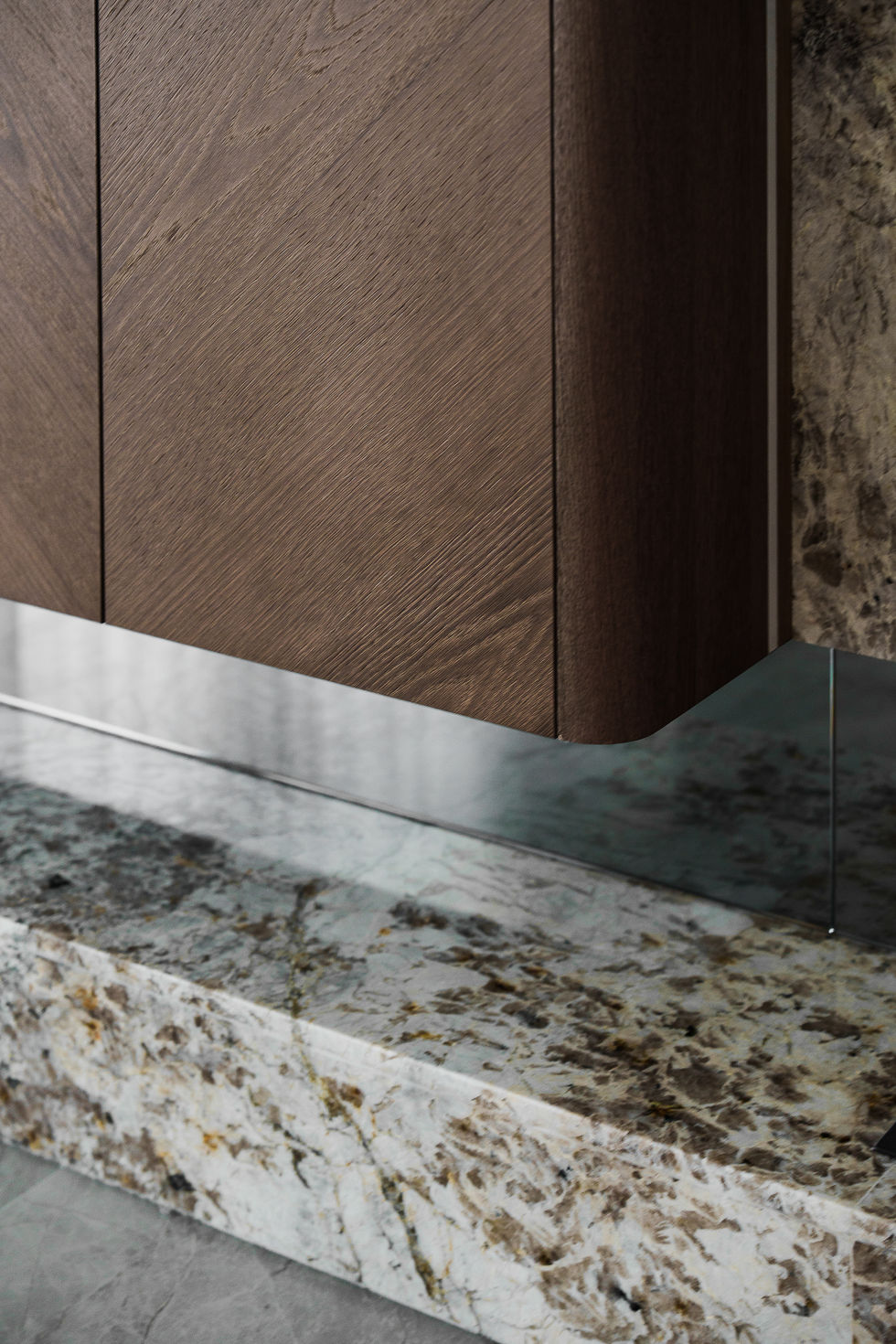 客廳主牆選用霧面石材與金屬層板,呼應女主人的力量與克制。