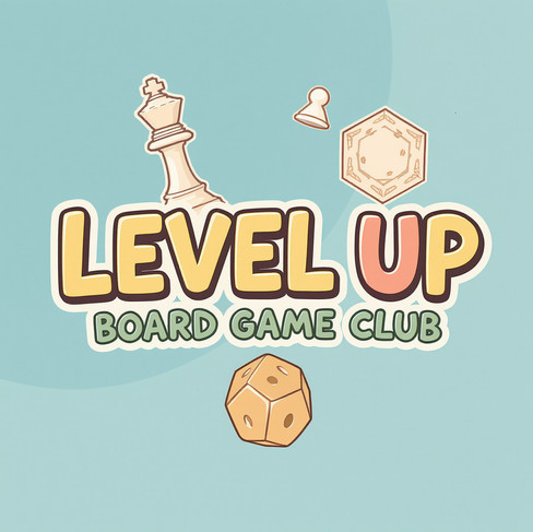 Logo that says "Level Up" Board Game Club. Comic Sans style bubble letters in pastel colors with a blue background.