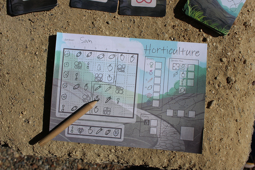 a sheet of paper with a six by six grid with some squares filled by pencil drawings of plants