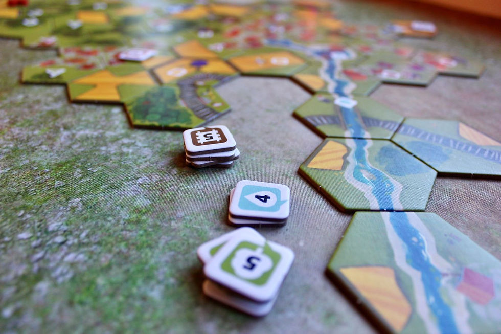 hexagonal terrain tiles and task marker tokens