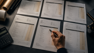 Contractor bid proposals being compared during a construction bid evaluation