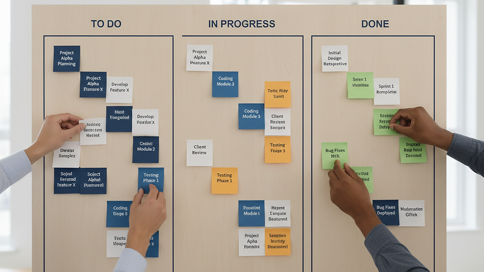 Close-up of a Kanban board with colorful sticky notes