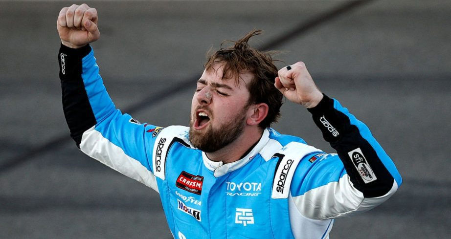 Kaden Honeycutt celebrating his first NASCAR Craftsman Truck Series victory on the front stretch of Watkins Glen International. (Photo Credit: Sean Gardner/Getty Images)