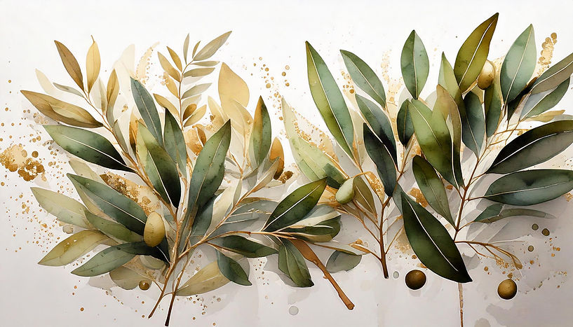Firefly scattered olive leaves on a white background, with some bronze details, in a water