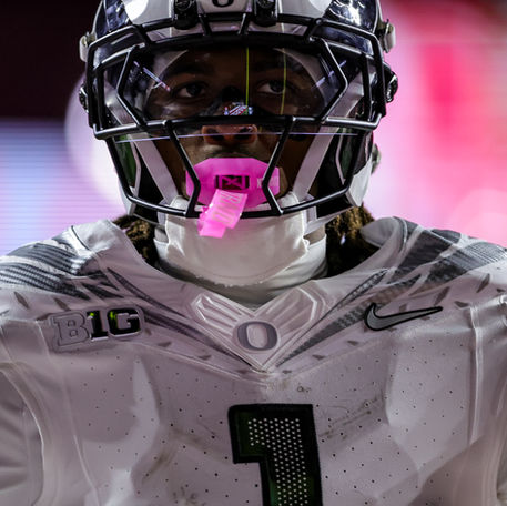 Oregon Ducks wide receiver DAKORIEN MOORE (1) reacts to a touchdown catch during the game between Rutgers University and the Oregon Ducks at SHI Stadium in Piscataway, NJ.   Scott Rausenberger