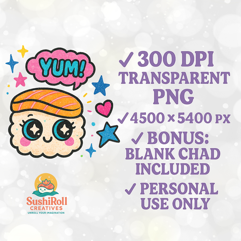 Kawaii chibi sushi glitter PNG with speech bubble digital download, 300 DPI transparent background, includes bonus PNG