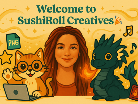 Digital art of a whimsical cat, a fierce dragon, and a creative blogger welcoming readers to SushiRoll Creatives with cozy, magical vibes.
