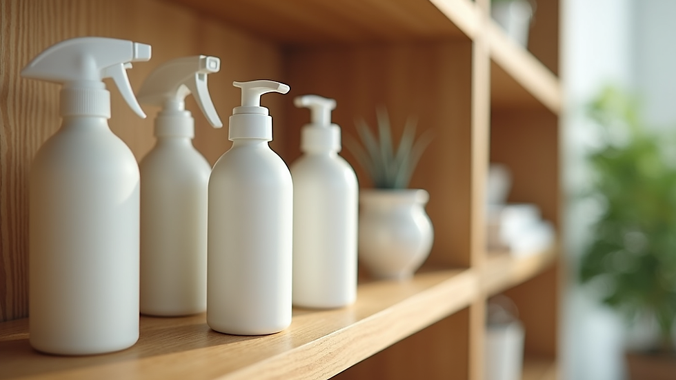Close-up view of eco-friendly cleaning products on a wooden shelf