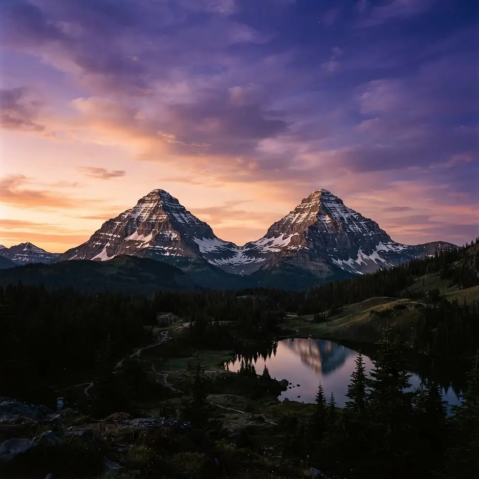 Landscape photography captures two snow-capped mountains reflected in a calm lake. A dramatic sunset sky over the serene natural vista.