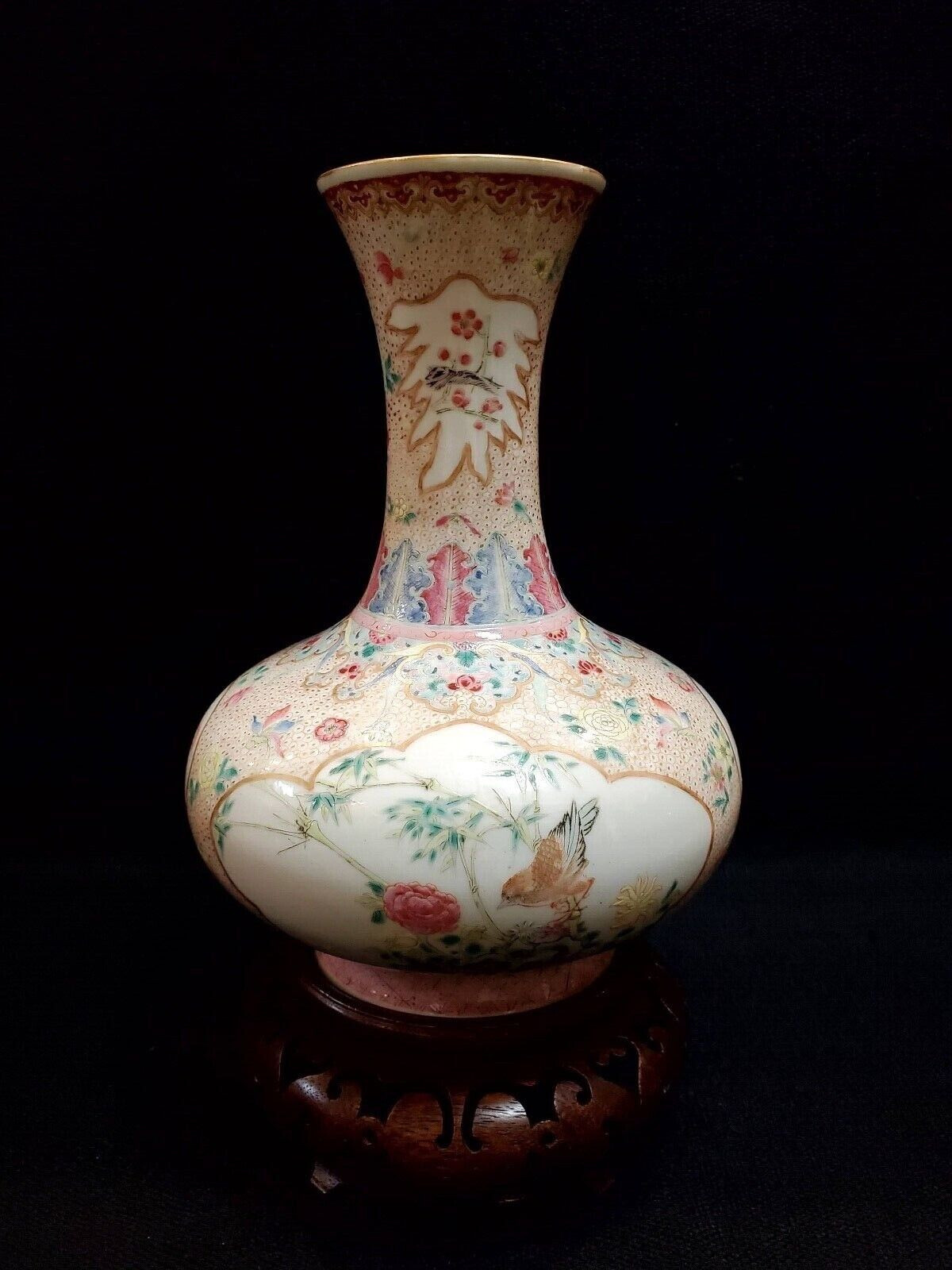 Antique Chinese Late Qing famille rose “Bird and Flowers” porcelain bottle vase