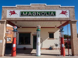 A trio of gas pumps at the Magnolia gas station, Shamrock, Texas