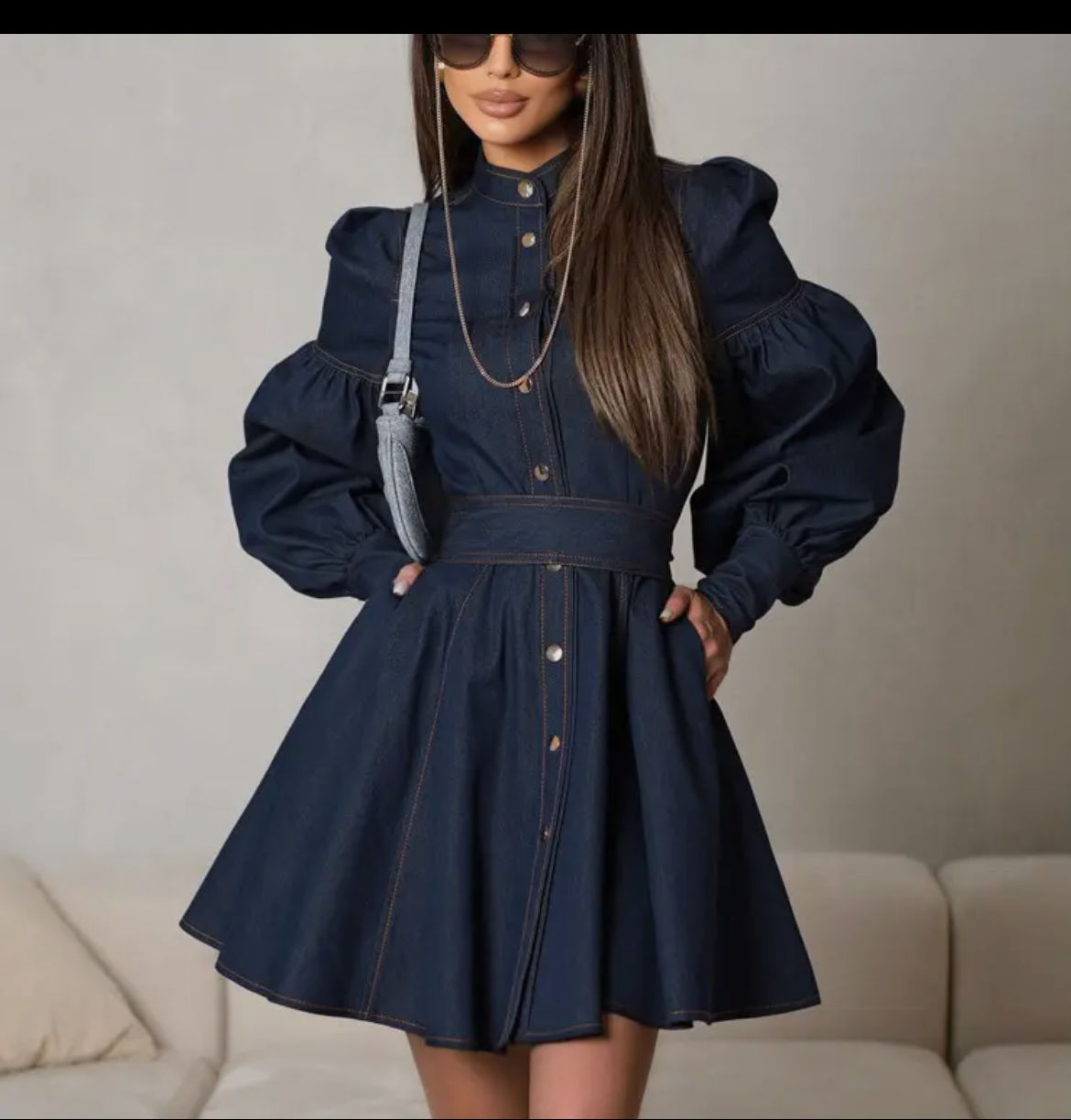 Bubble sleeve belted denim dress 