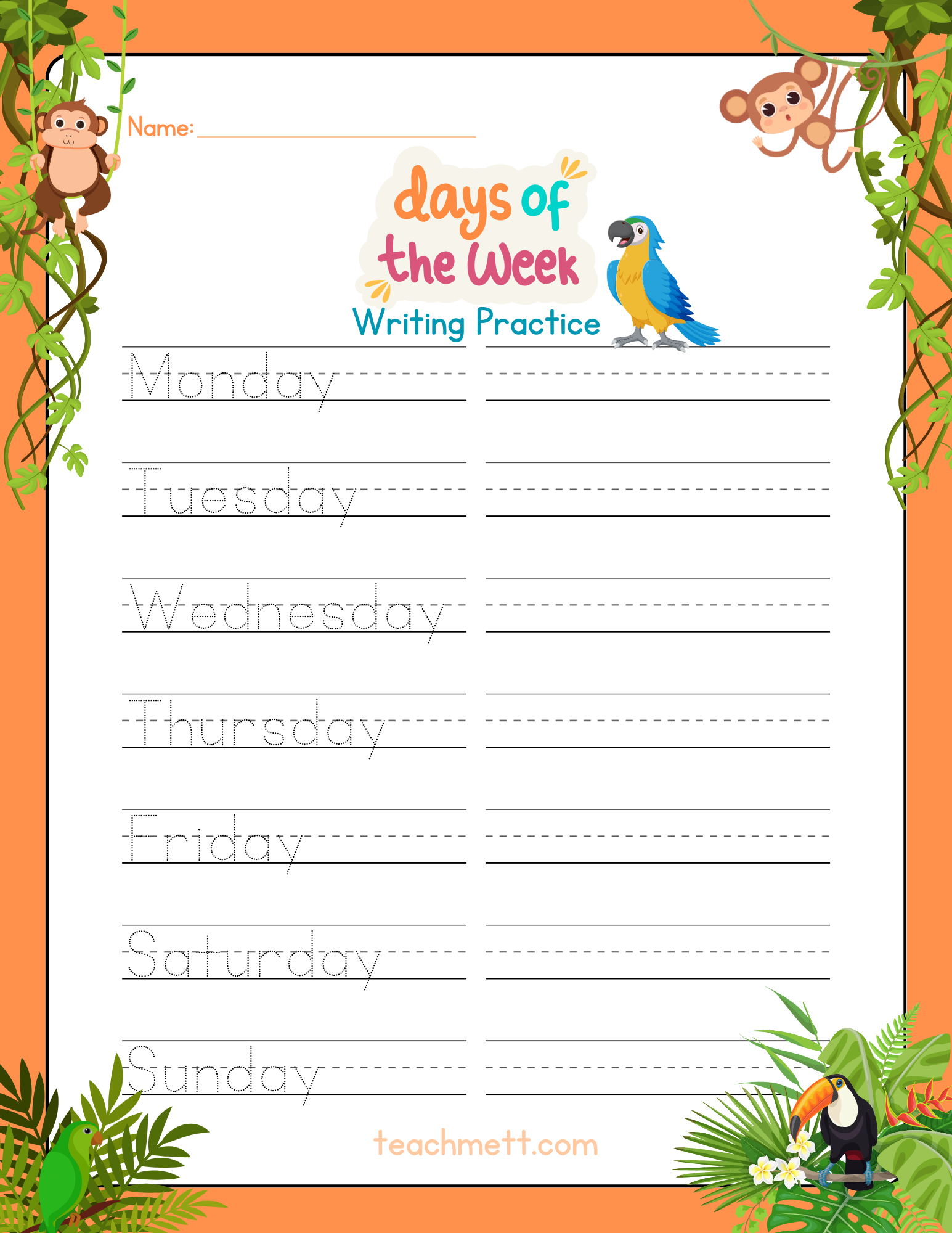 Days of the Week Jungle Themed Tracing Worksheet