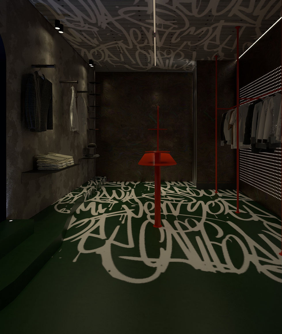 Bancada metálica laranja parede em concreto metal iridescente painel perfurada iluminado loja mascul