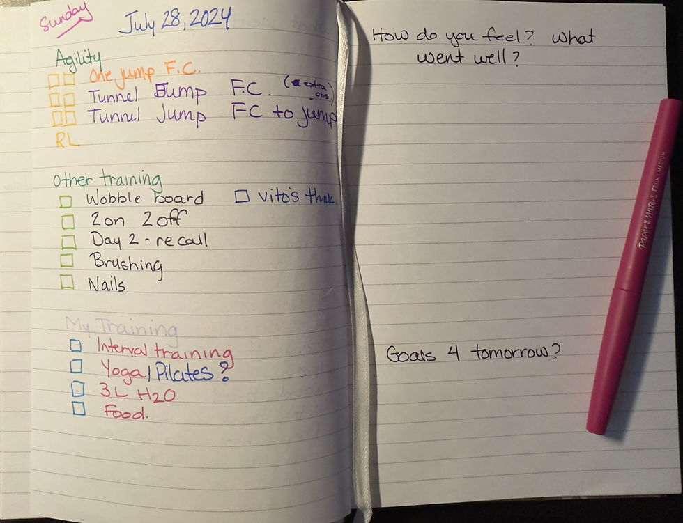 Dog Agility Training schedule on lined paper
