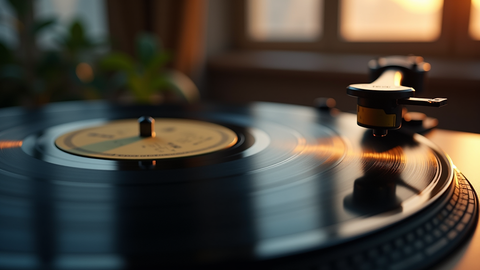 Eye-level view of a vinyl record spinning on a turntable
