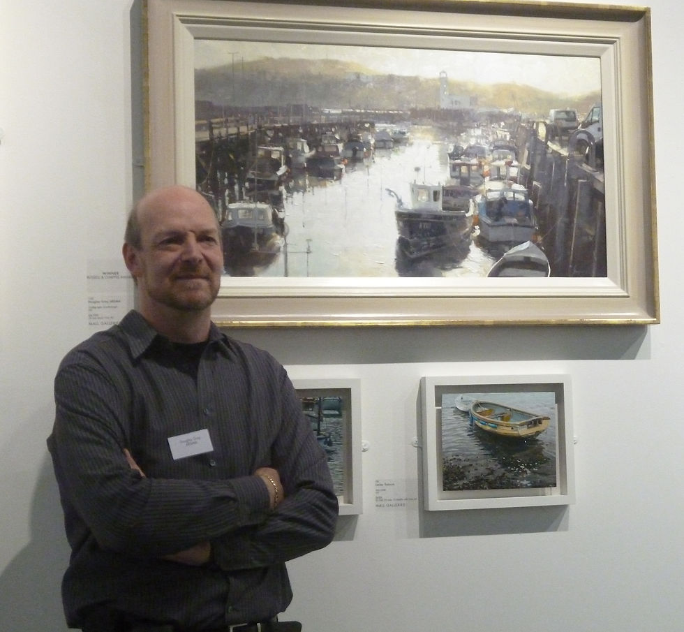 Douglas Gray Artist with his painting Fading Light at the Royal Society of Marine Artists 2012
