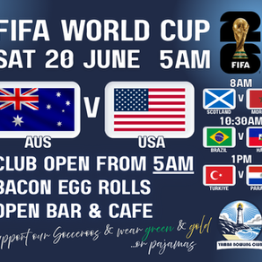 White text with various country flags and logos on blue background promoting FIFA World Cup match between Aus V USA