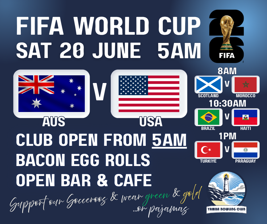 White text with various country flags and logos on blue background promoting FIFA World Cup match between Aus V USA