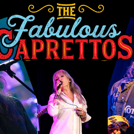 Promotional poster for The Fabulous Caprettos performing at Yamba Bowling Club on Friday 9 October at 8pm. The poster features photos of Rai Thistlethwayte (Thirsty Merc), Wendy Matthews and Dave Gleeson (Screaming Jets), with special guest Jason Ayres. Ticket price is $59.50 plus booking fee or $65 at the door. The design uses bold red, blue and white typography on a black background with the Yamba Bowling Club logo.
