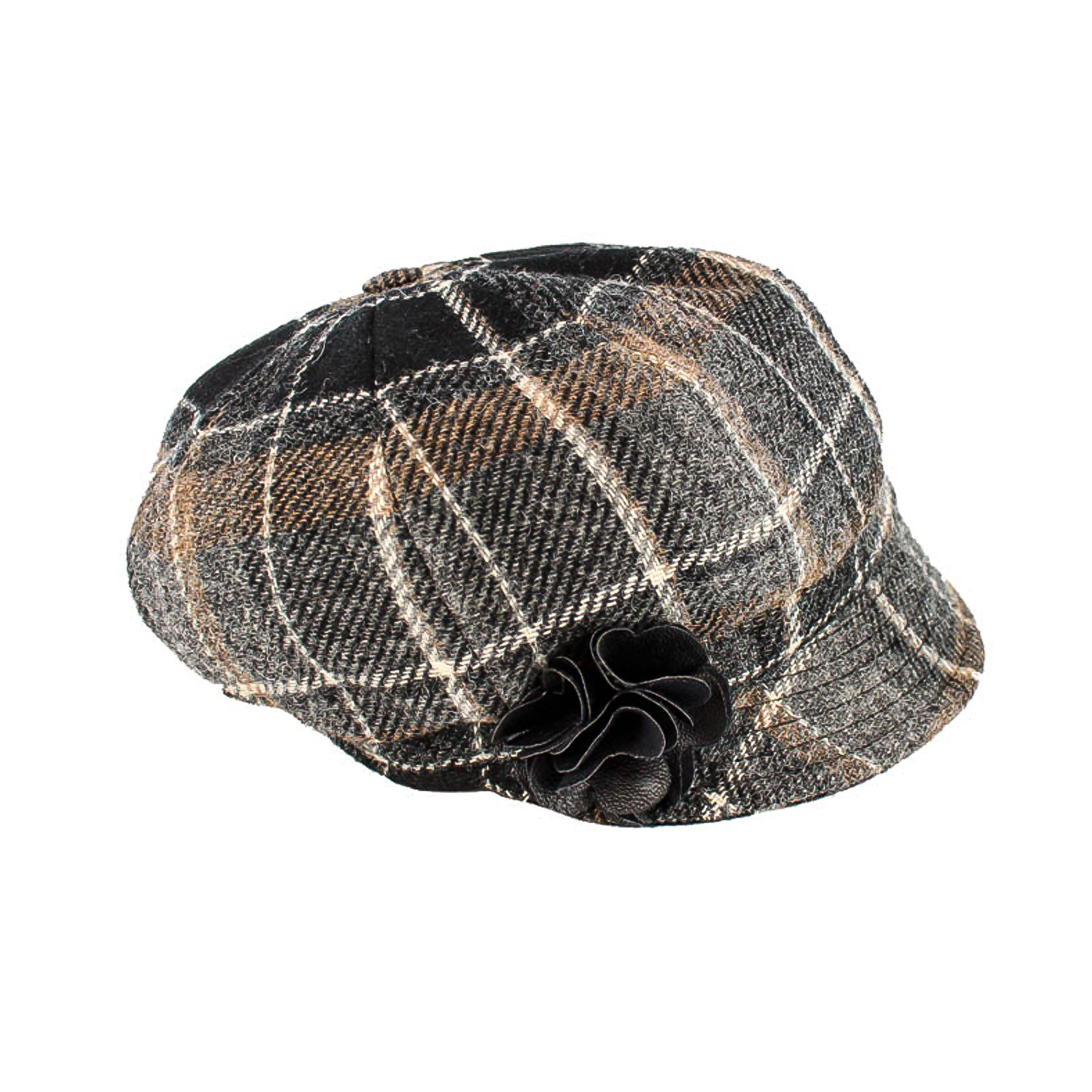 Mucros Womens Tweed Newsboy Cap - Black and Grey Plaid with Tan