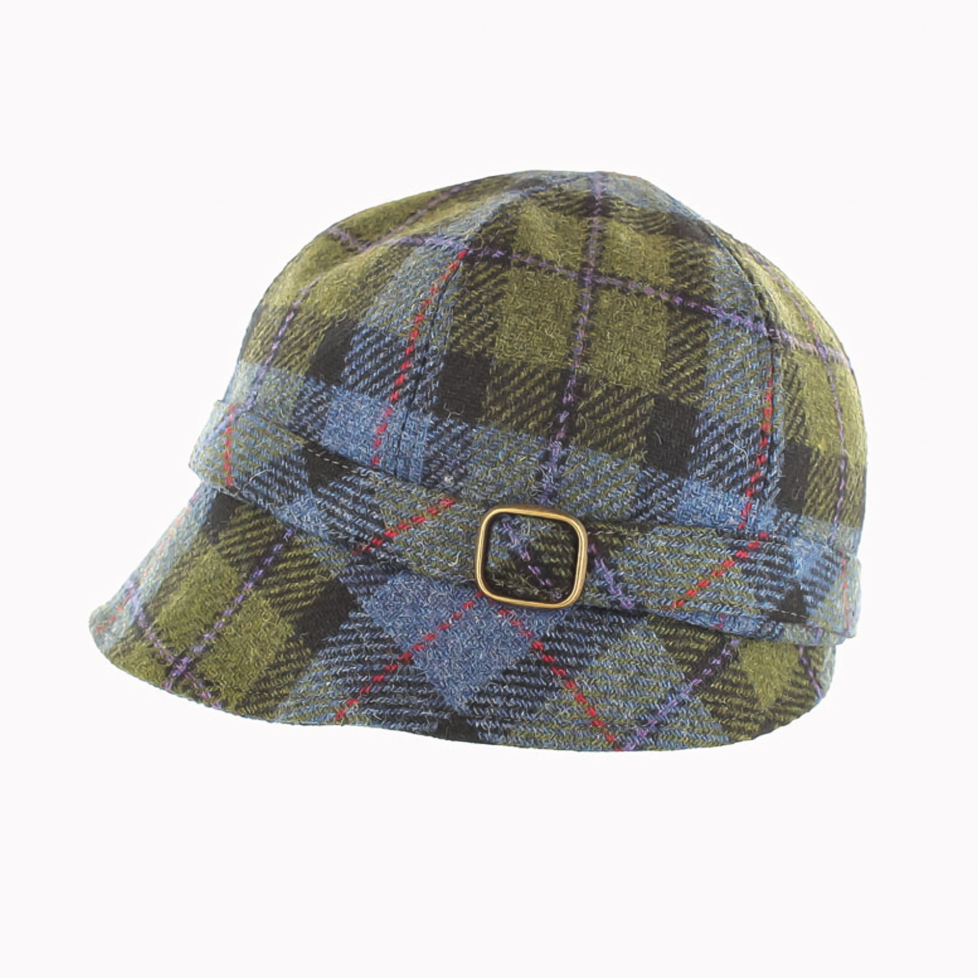 Mucros Weavers Tweed Flapper Cap - Sage Green, Blue with Red Stripe