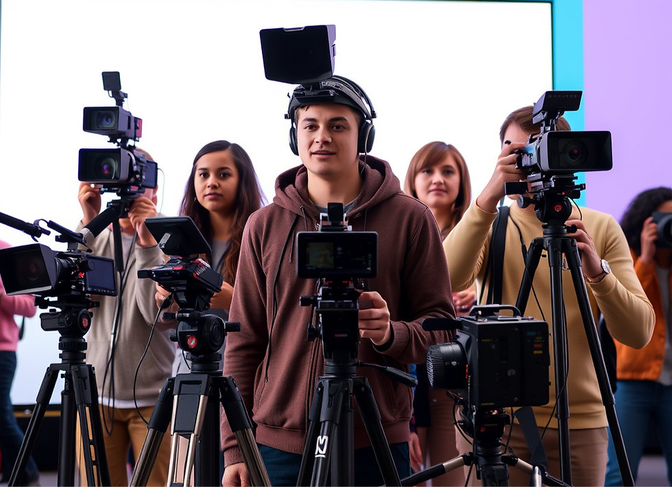 create an ai generated image of college aged interns for a tv network using cameras and tv