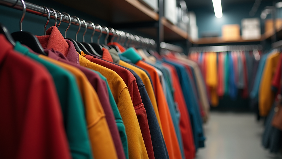 Close-up view of a hip hop clothing store rack with colorful streetwear jackets