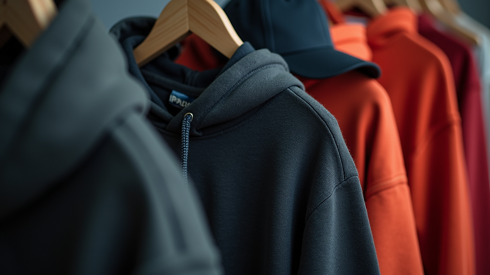 High angle view of a collection of streetwear apparel including hoodies and caps