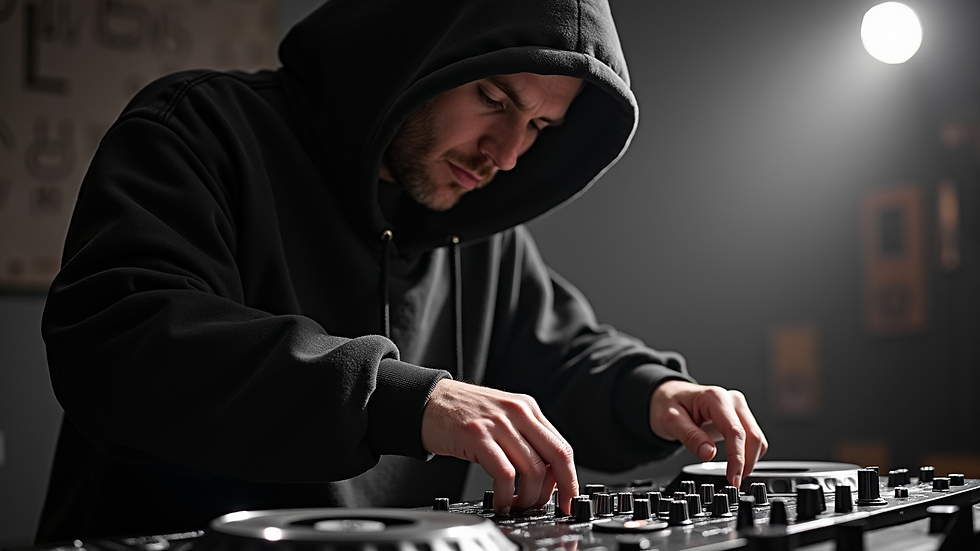 Close-up view of a DJ wearing a stylish hoodie made from premium cotton fabric