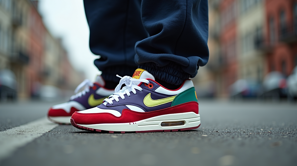 Close-up of colorful sneakers and oversized hoodie on urban street