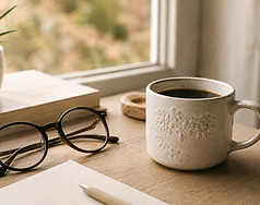 Coffee set on a table with glasses and a view to the garden to promote Therapies Magazine