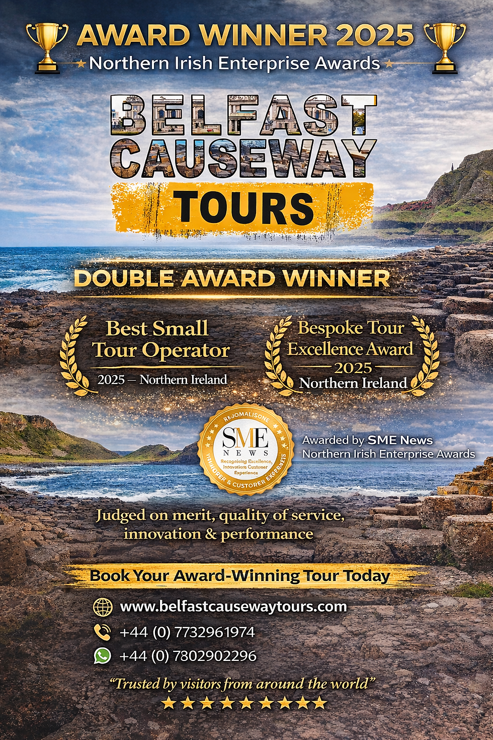 Belfast Causeway Tours poster featuring award wins. Scenic coastal background. Contact info and awards text displayed prominently.