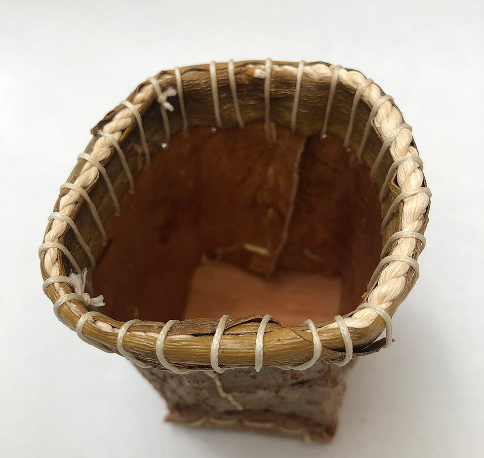 Thumbnail: Basket made by folding up a single piece of bark and stitching into place