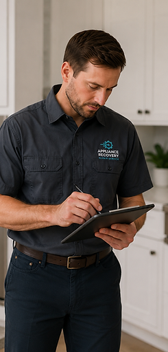 Appliance Recovery of Nashville technician using a tablet to document an oven and kitchen appliance repair diagnosis