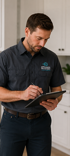 Appliance Recovery of Nashville technician using a tablet to document an oven and kitchen appliance repair diagnosis
