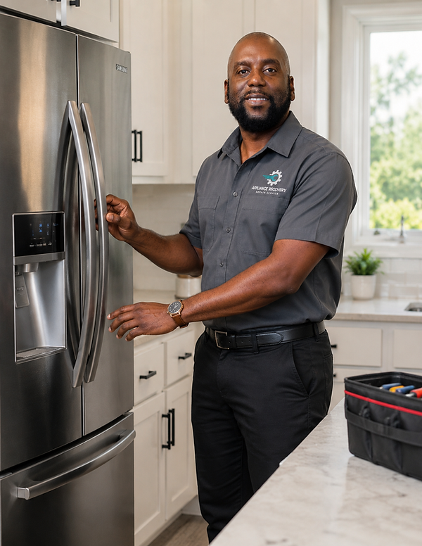Appliance Recovery of Nashville technician standing beside a stainless steel Samsung refrigerator during a residential refrigerator repair service call