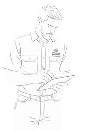 Appliance Recovery technician writing service notes on a clipboard during an appliance repair appointment