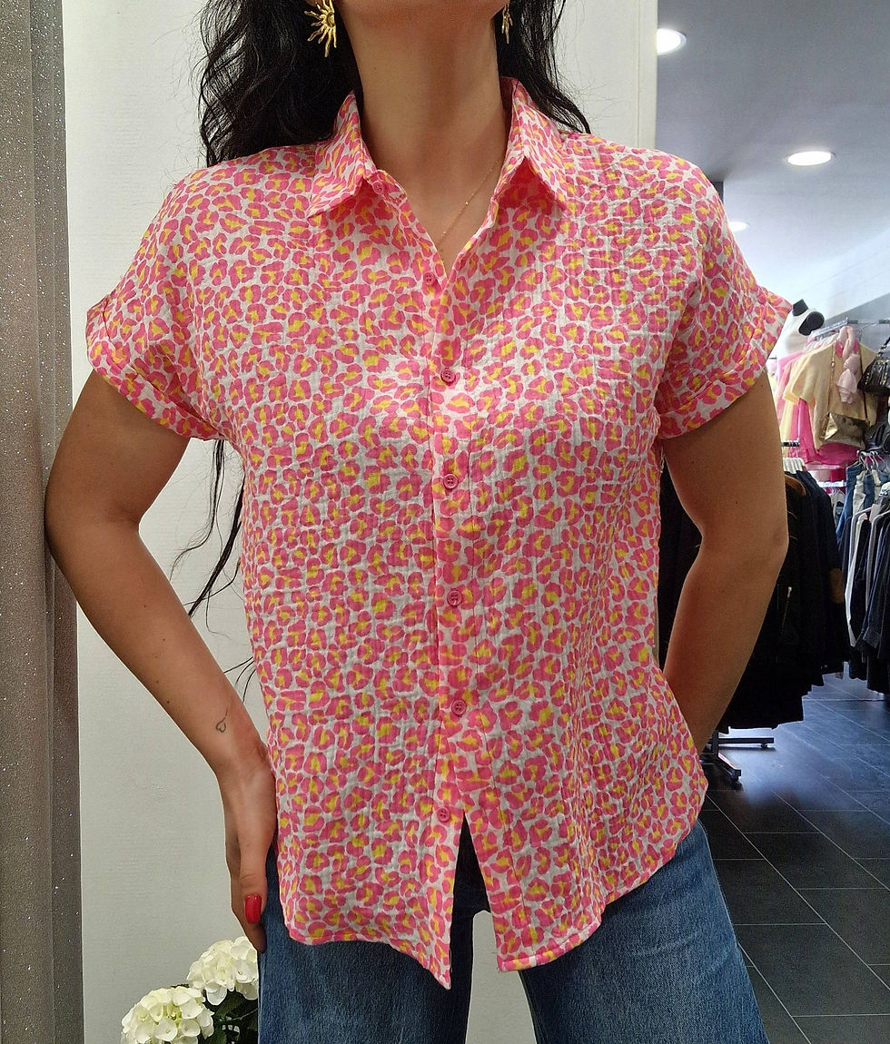 Miniature : Chemise sans manche en gaze de coton léopard rose fluo KALIA