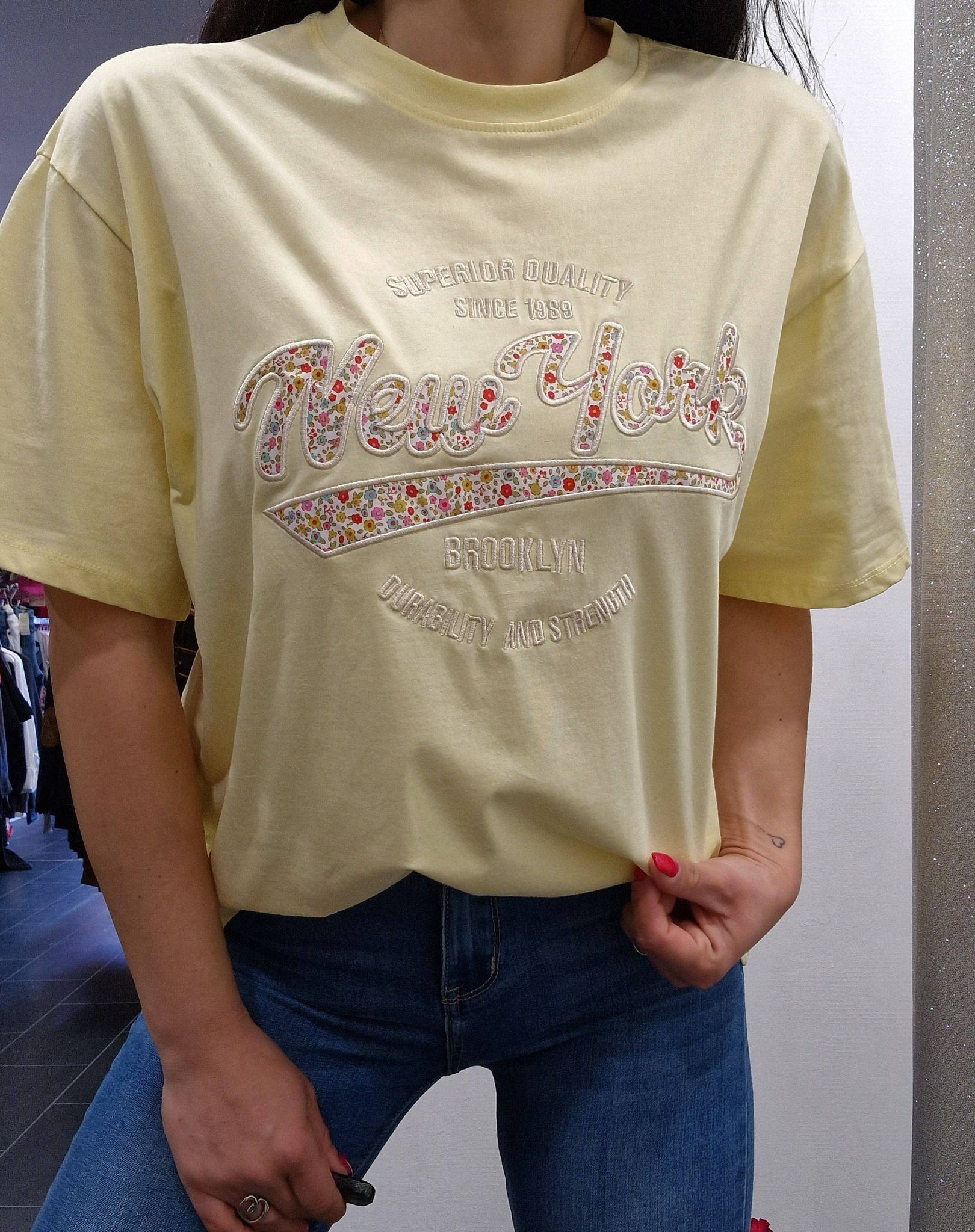T-shirt jaune oversize broderie liberty NEW-YORK
