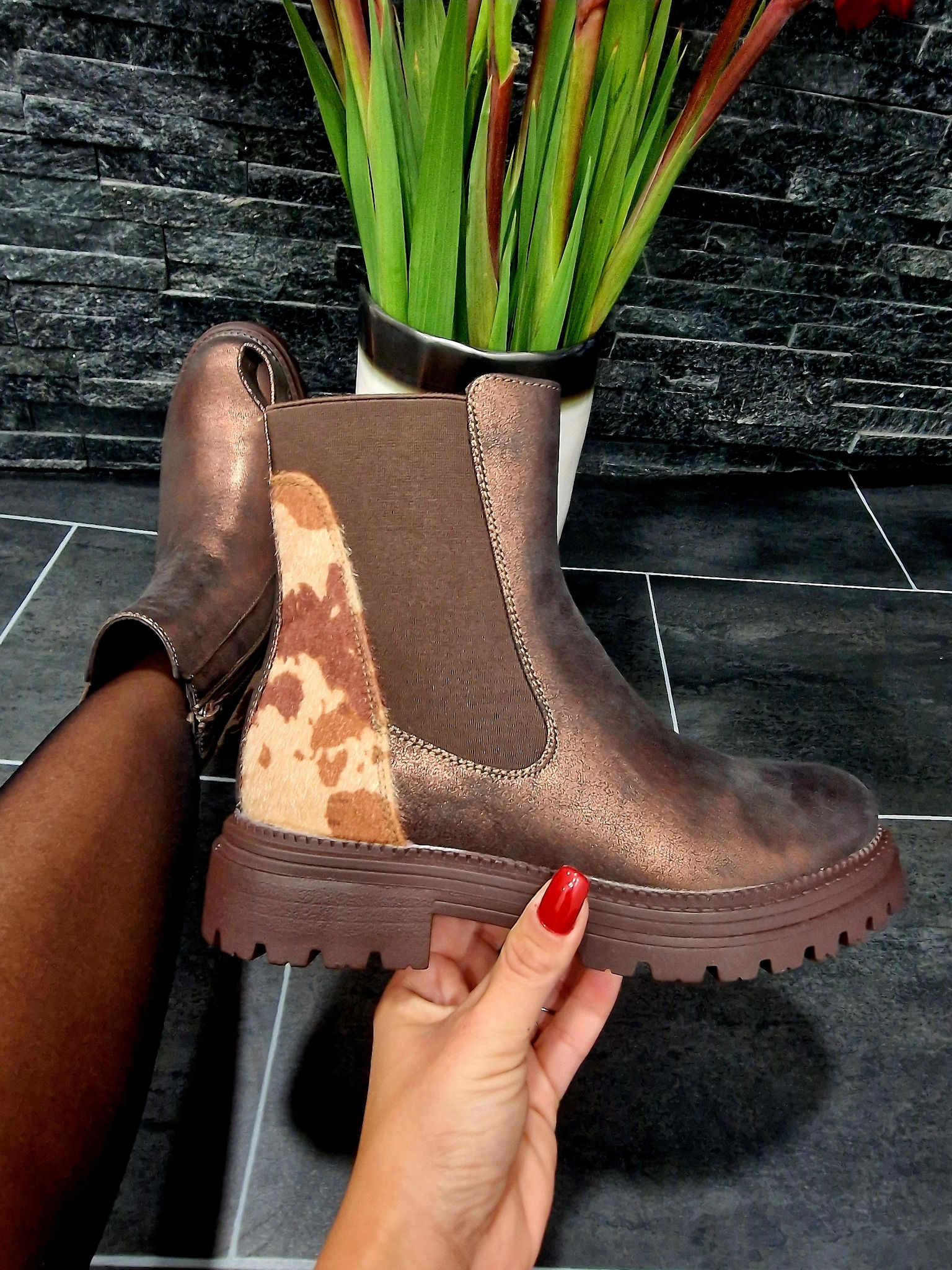 Bottine marron irisée et vache CHELSEA COW