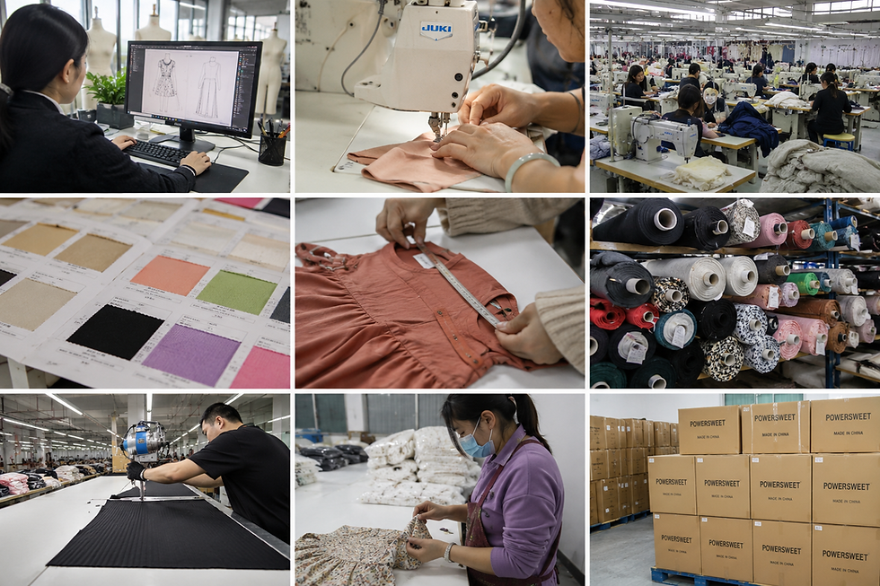 Eye-level view of a clothing factory floor with sewing machines and workers focused on garment production
