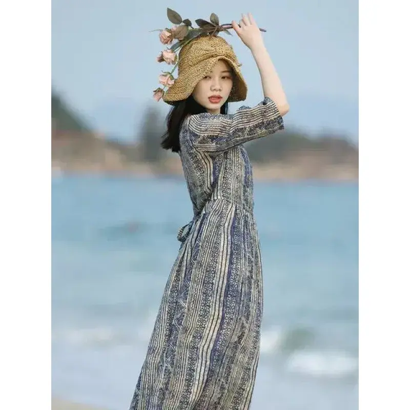 Thumbnail: Dresses for Women 2024 Chic and Elegant Cotton and Linen V-Neck Vintage Robe