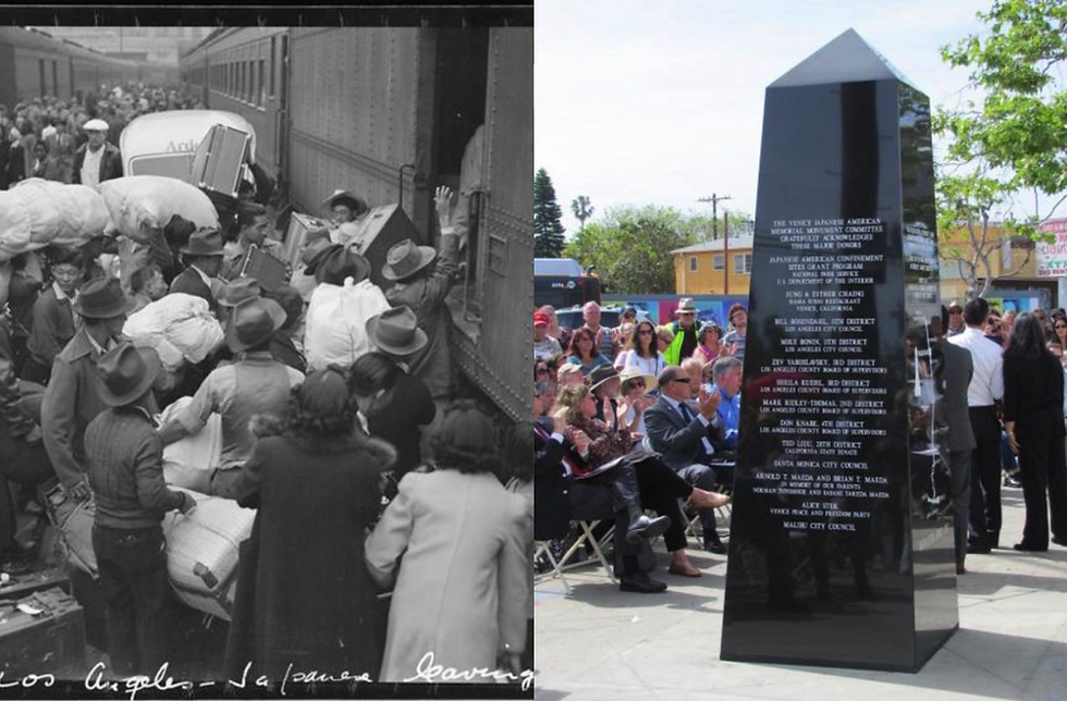 Japanese Americans leaving for internment (left), present day Venice Japanese American Memorial Monument standing on the corner of Lincoln Blvd and Venice Blvd where Japanese Americans were forced to gather for departure to interment camps (right)