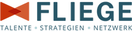 FLIEGE Logo: Grafisch dargestellte Fliege (Mode-Accessoire) mit dem Wort Fliege und dem Untertitel: Talente, Strategien, Netzwerk