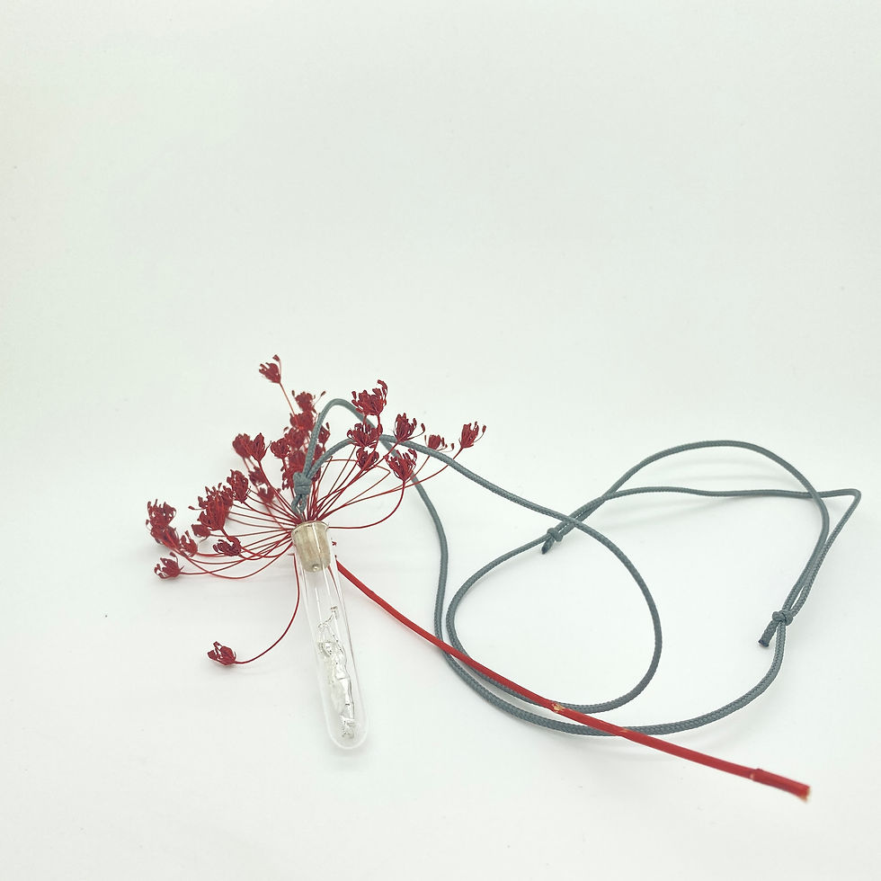 Thumbnail: Hanger met zilveren vrouw met hamer in reageerbuisje.