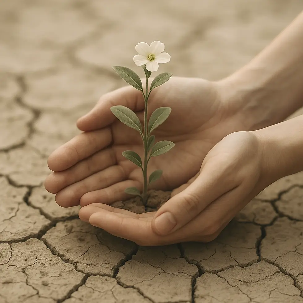 A pair of hands gently cradle a small flower growing from dry, cracked earth, symbolizing hope and resilience in the face of adversity.