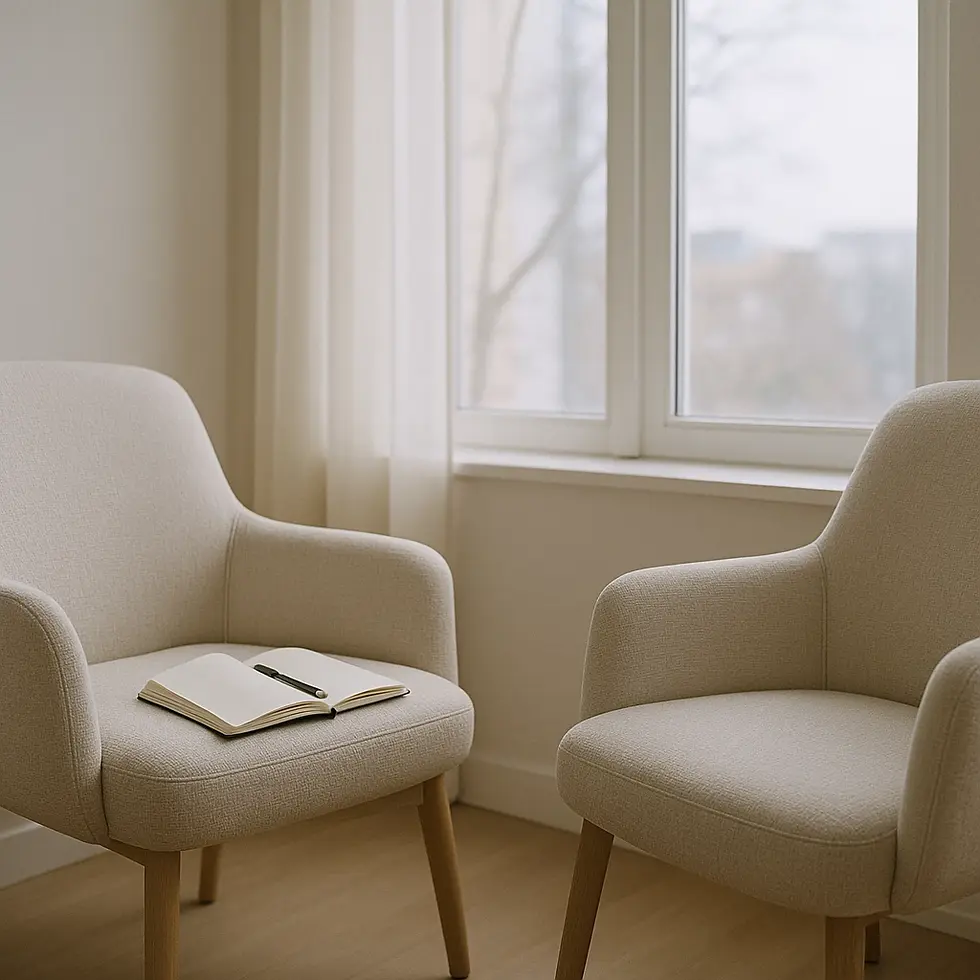 A cozy, sunlit nook with two beige armchairs and an open notebook on one, inviting reflection and conversation in a serene setting.